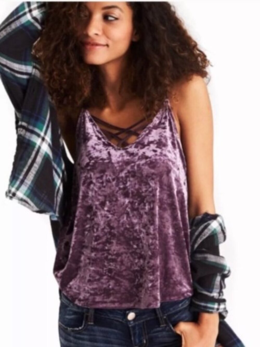 American Eagle Purple Crushed Velvet Strappy Cami Tank Top Size Small Y2K 90s Cr